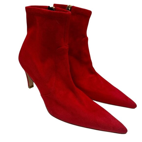 GOOD AMERICAN Red Boots Size 6 Faux Suede Ankle Heel Pointy Booties - Picture 1 of 13